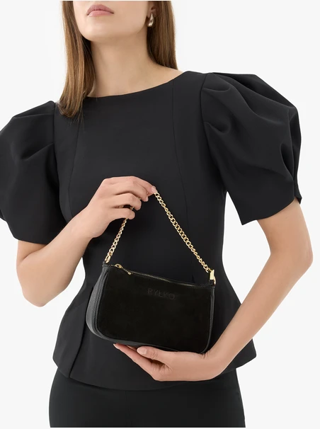 Black handbag with gold chain