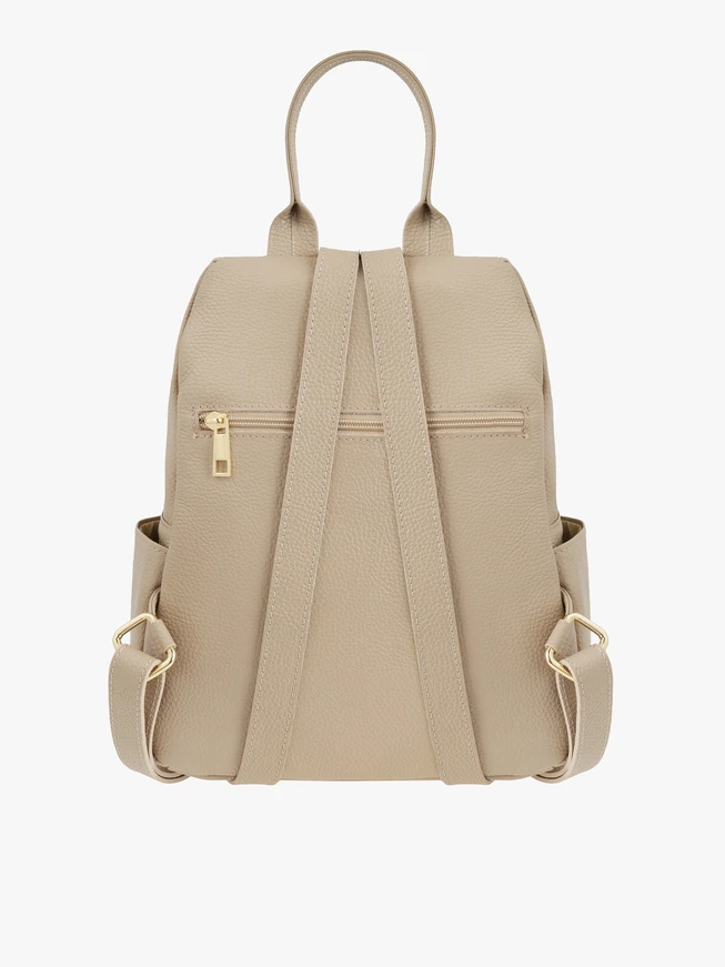 Dunkelbeiger Rucksack mit goldenen Elementen