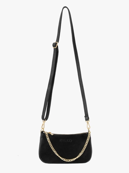 Black handbag with gold chain