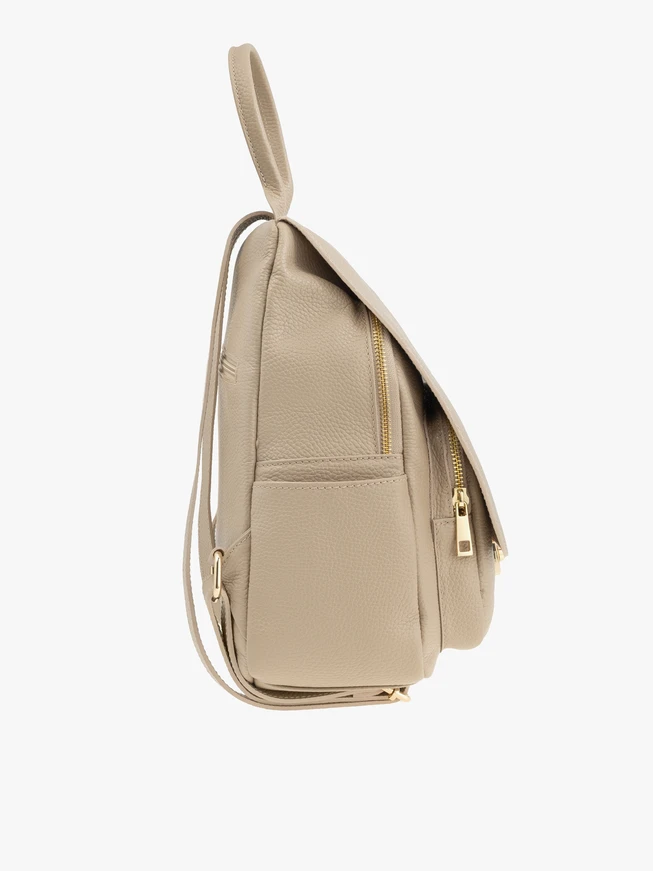 Dunkelbeiger Rucksack mit goldenen Elementen