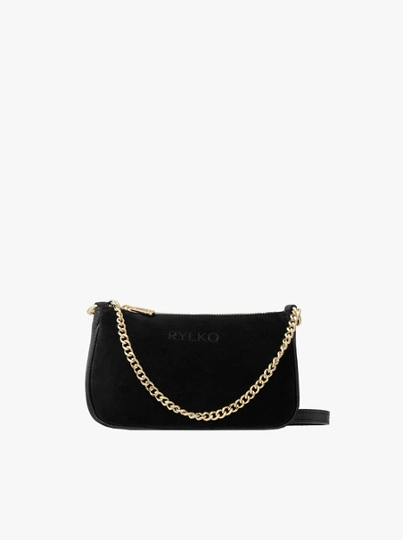 Black handbag with gold chain