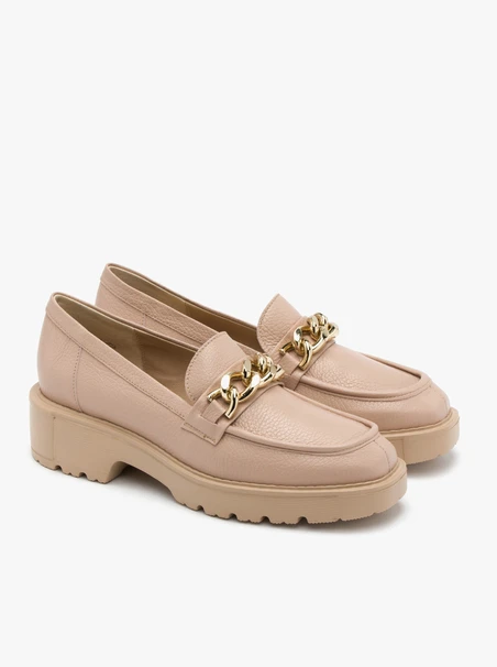 Pink loafers with gold chain