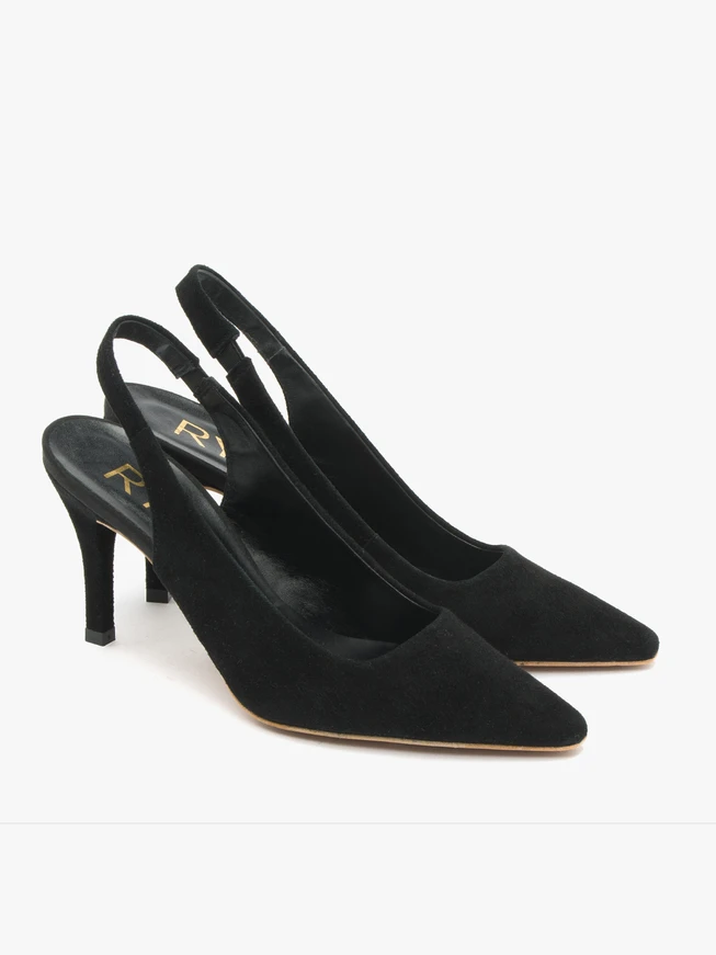 Schwarze Pumps mit offenem Absatz aus Velours