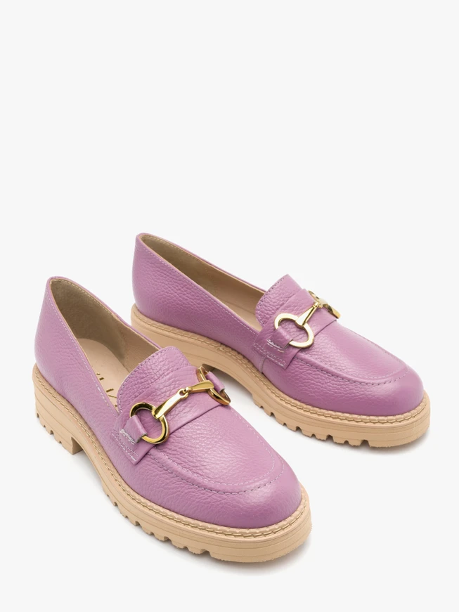 Purple loafers with gold ornament