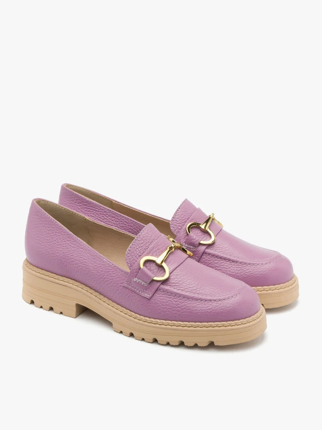 Purple loafers with gold ornament