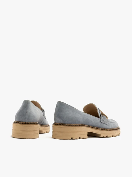 Blue loafers with gold ornament