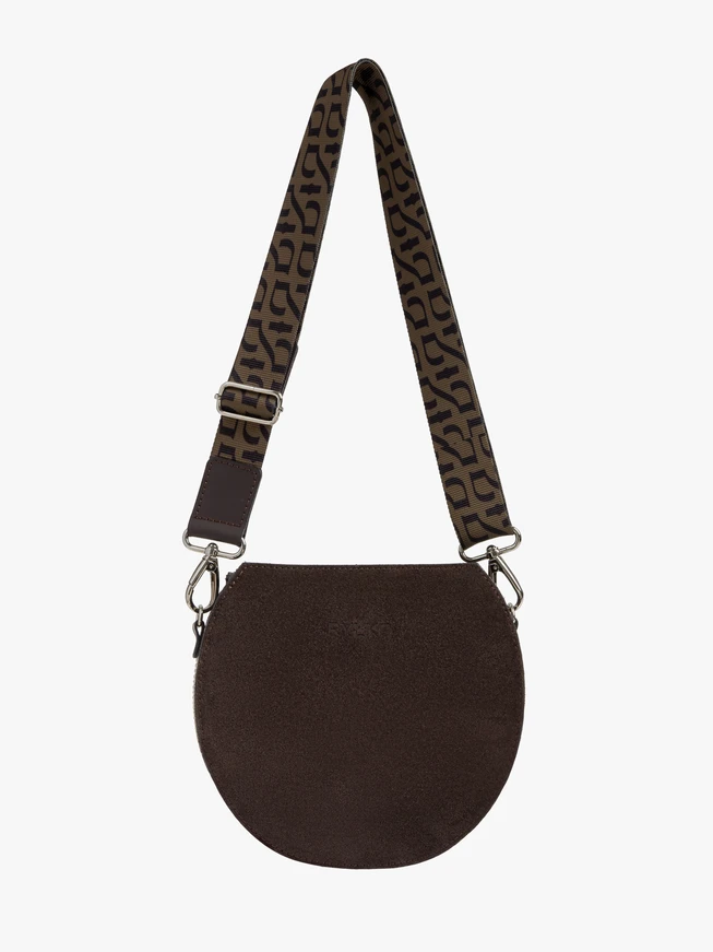 Dunkelbraune Handtasche mit Logo auf dem Riemen