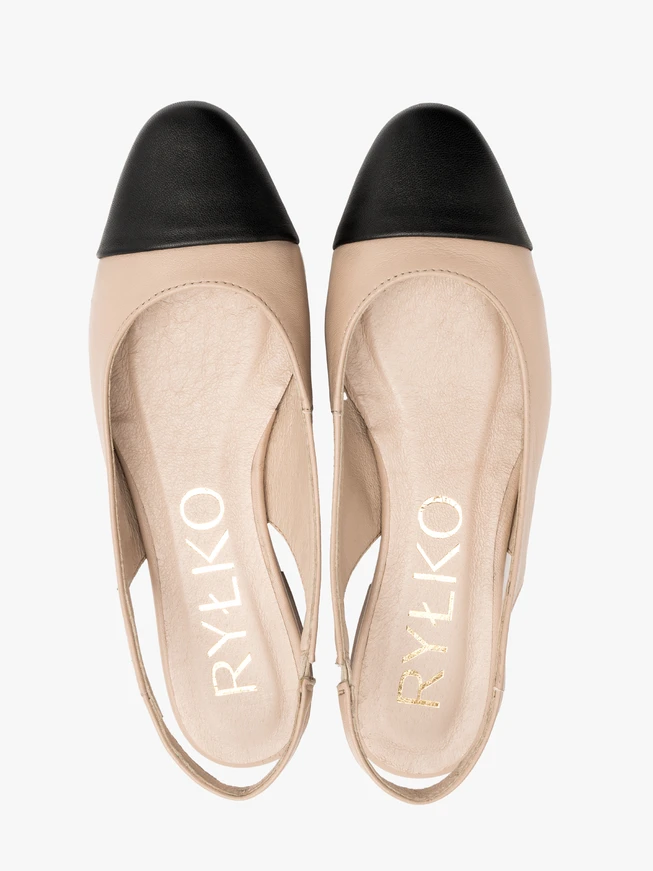 Beigefarbene Slingback-Ballerinas mit schwarzem Zehenkasten