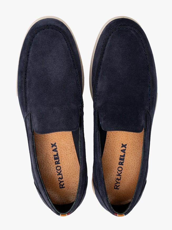Navy men’s loafers with white sole