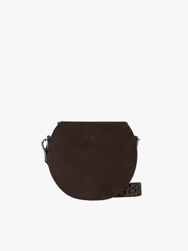 Dunkelbraune Handtasche mit Logo auf dem Riemen