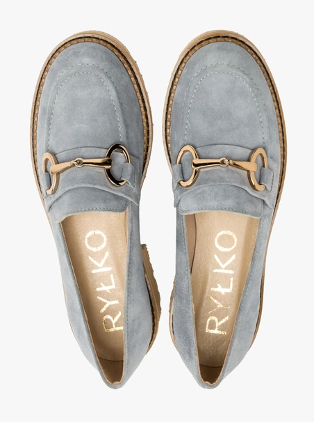 Blue loafers with gold ornament