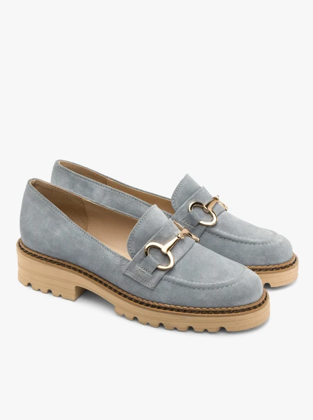 Blue loafers with gold ornament