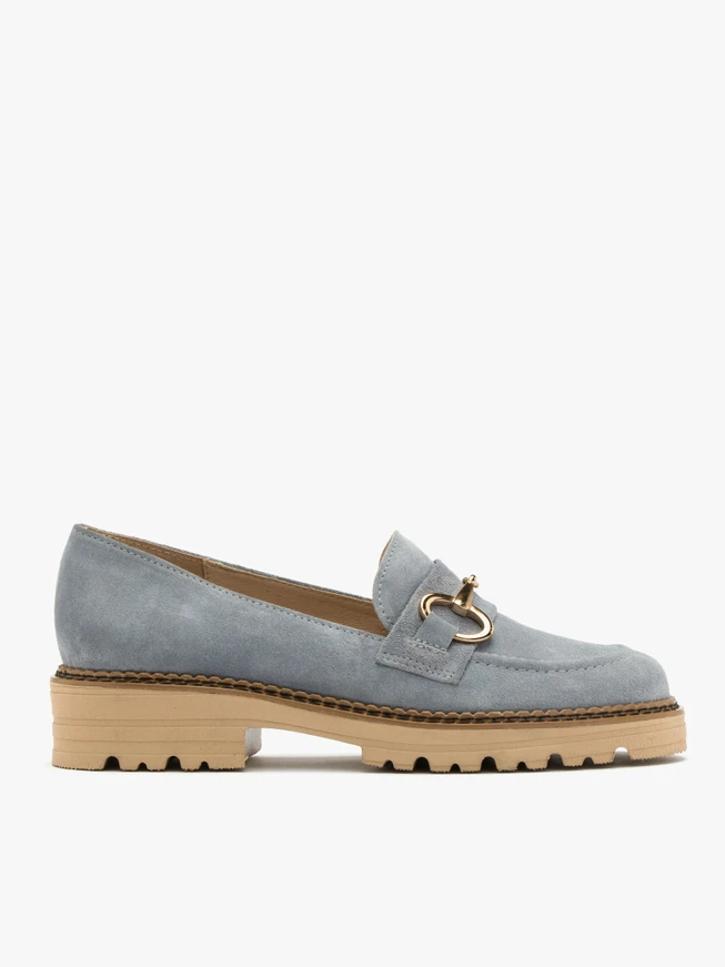 Blue loafers with gold ornament