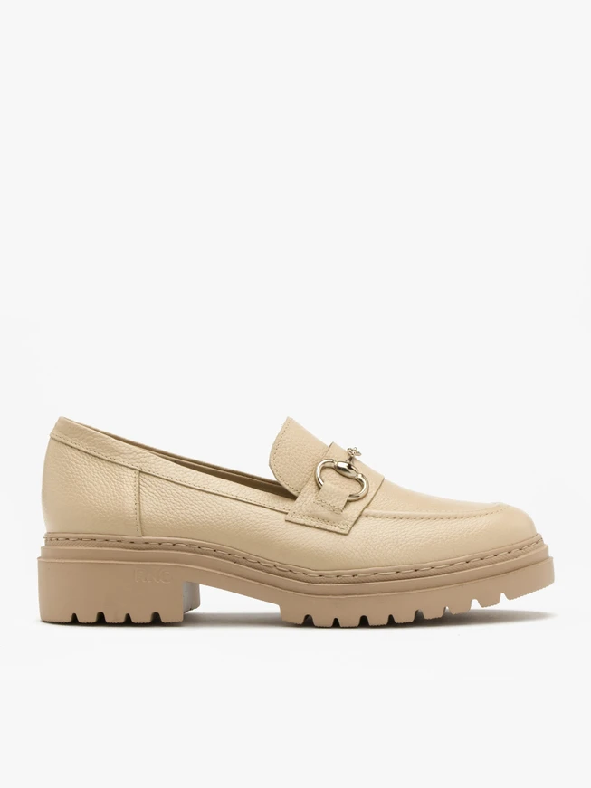Beige loafers with gold ornament