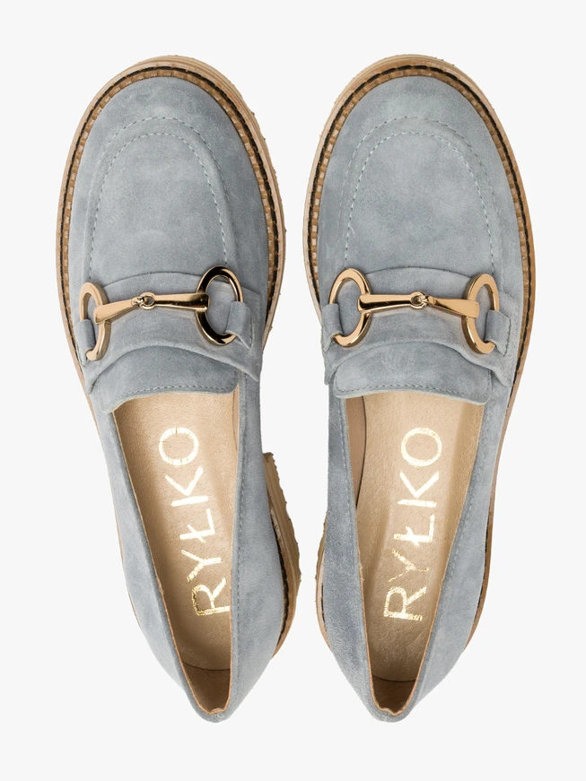 Blue loafers with gold ornament