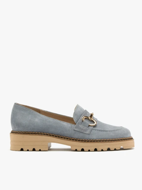 Blue loafers with gold ornament