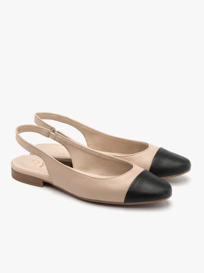 Beigefarbene Slingback-Ballerinas mit schwarzem Zehenkasten