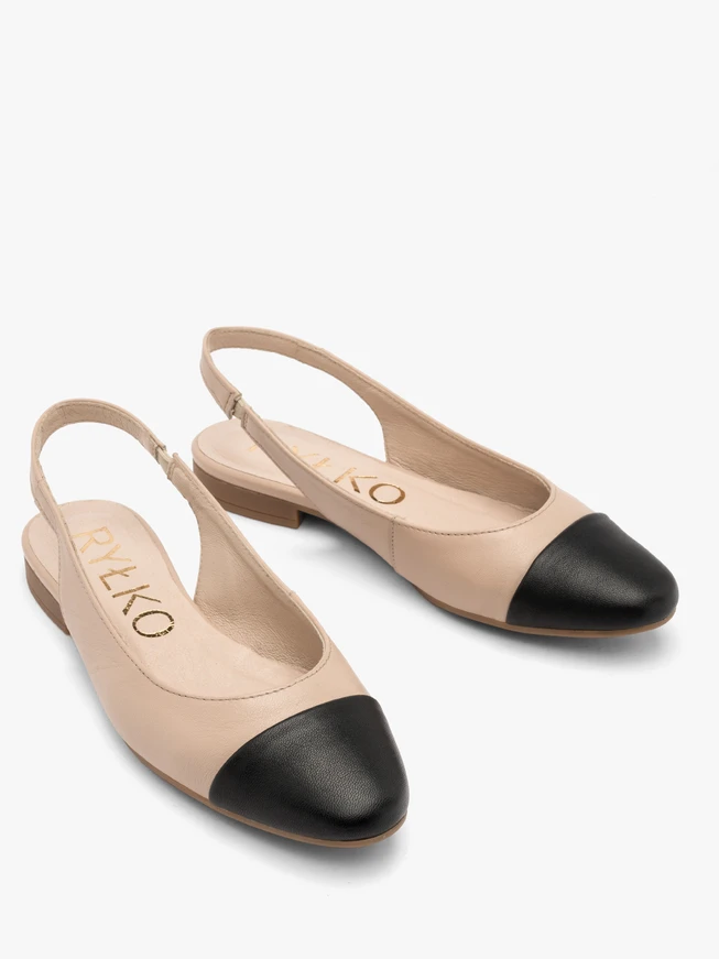 Beigefarbene Slingback-Ballerinas mit schwarzem Zehenkasten