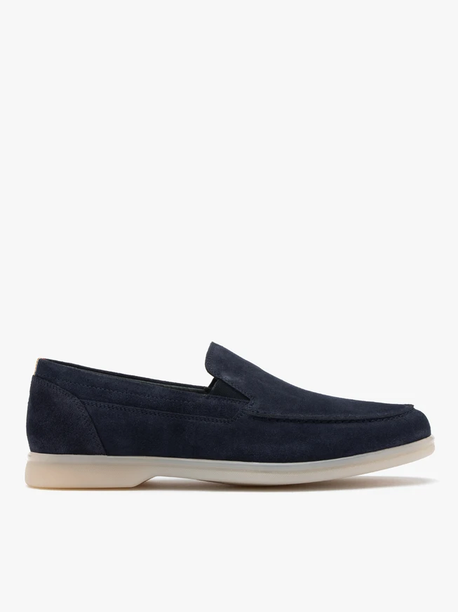 Navy men’s loafers with white sole
