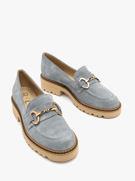 Blue loafers with gold ornament