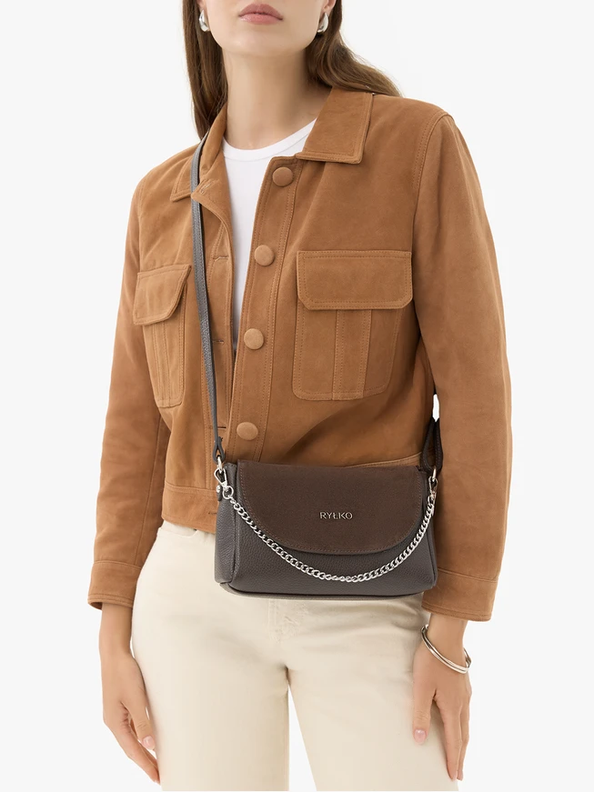 Braune kombinierte Lederhandtasche mit Kette