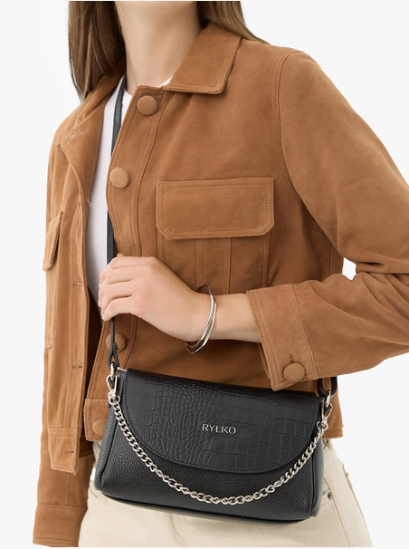 Schwarze Handtasche mit Kette und dekorativer Klappe im Tiermuster