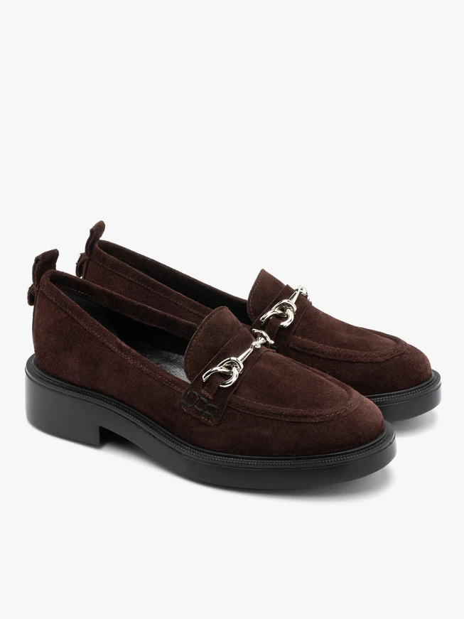 Burgundy suede loafers with silver ornament