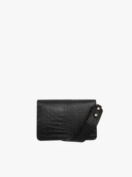 Elegant black handbag with animal pattern