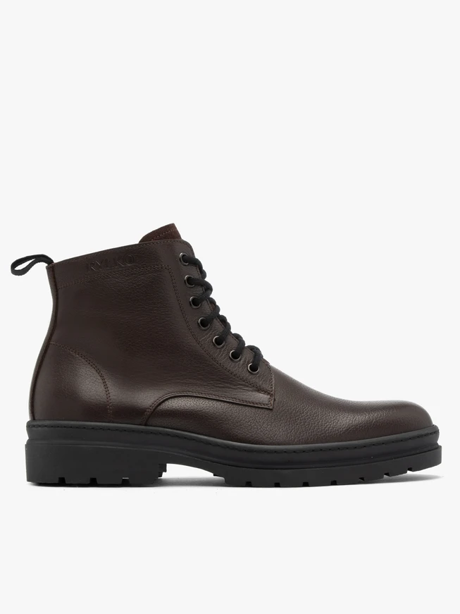 Dark brown men’s boots with logo on upper