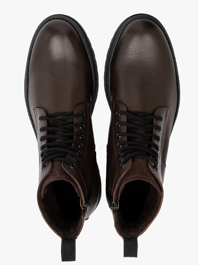 Dark brown men’s boots with logo on upper