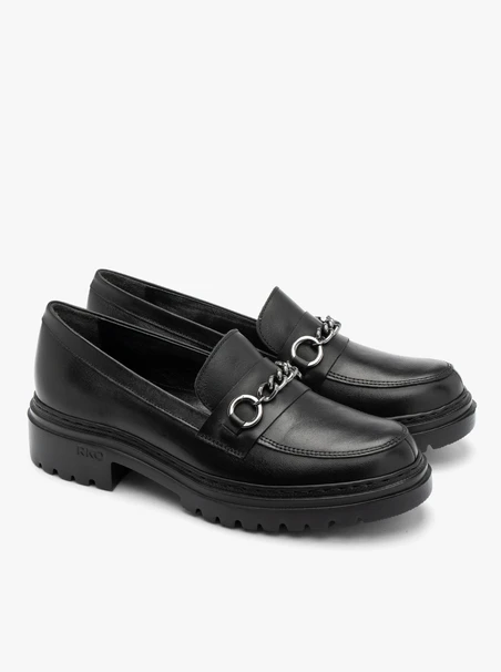 Black loafers with chain on the upper