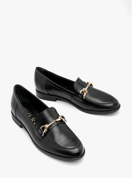Black loafers with gold ornament