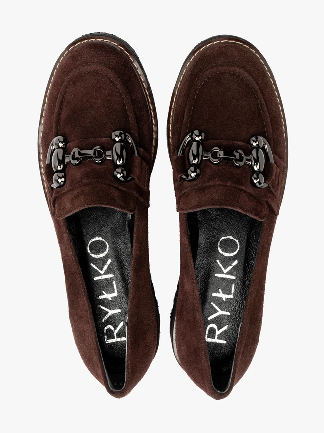 Burgundy loafers with ornament on upper