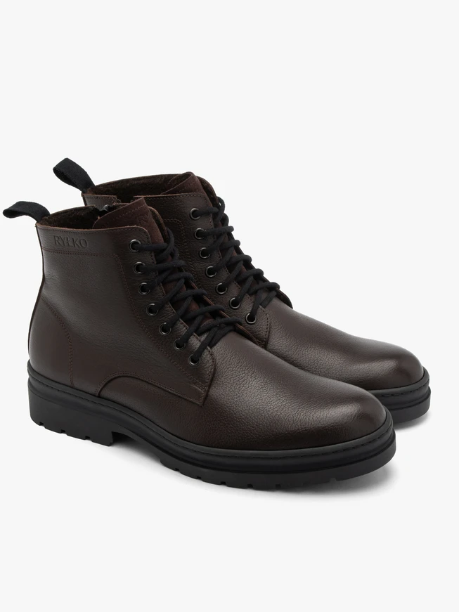 Dark brown men’s boots with logo on upper