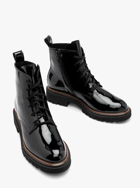 Patent women’s boots with lug sole