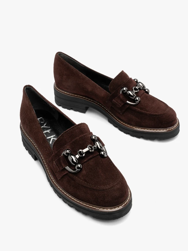 Burgundy loafers with ornament on upper