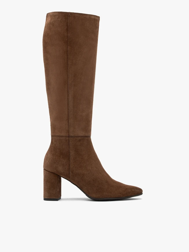 Braune Velourslederstiefel mit Stilettoabsatz