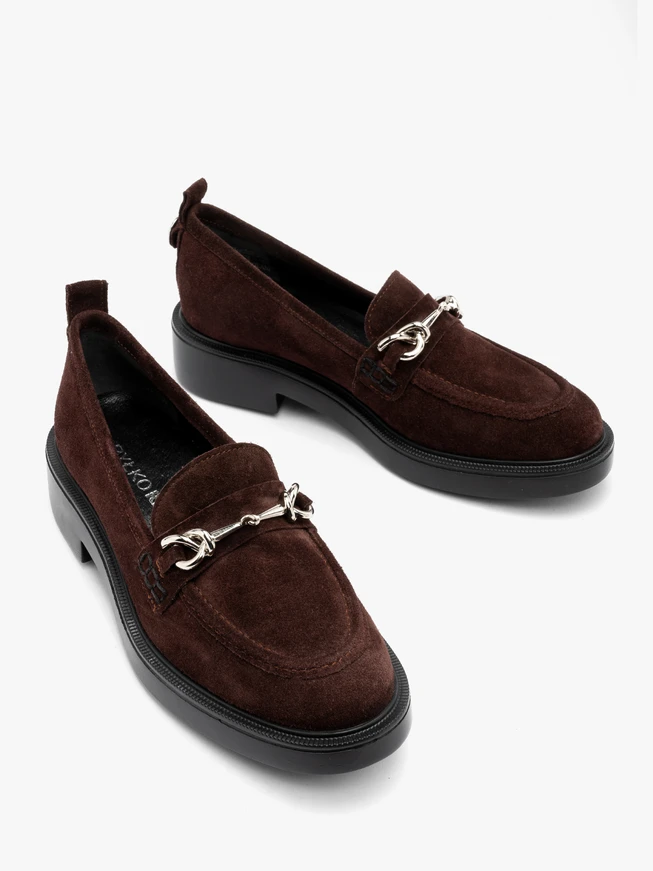Burgundy suede loafers with silver ornament