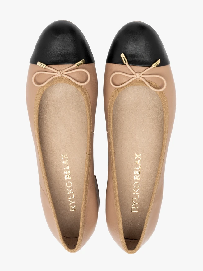 Beige-schwarze Pumps mit Zierschleife