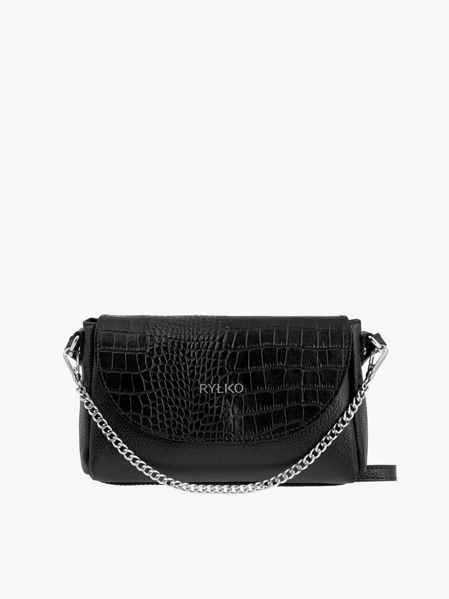 Schwarze Handtasche mit Kette und dekorativer Klappe im Tiermuster