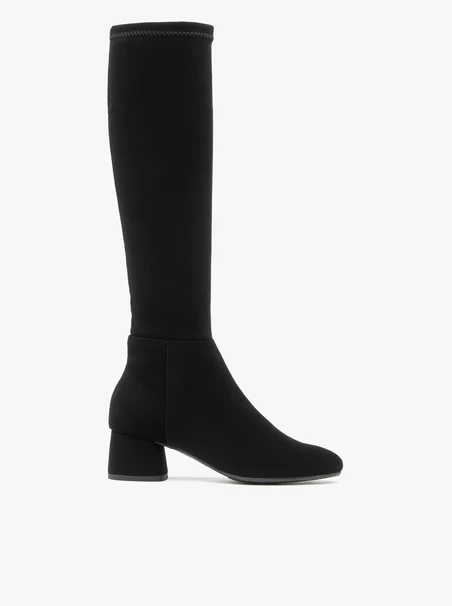 Stretch knee boots with narrow shaft and low heel