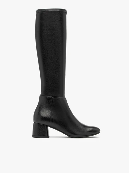Black knee-high elastic boots with low heel