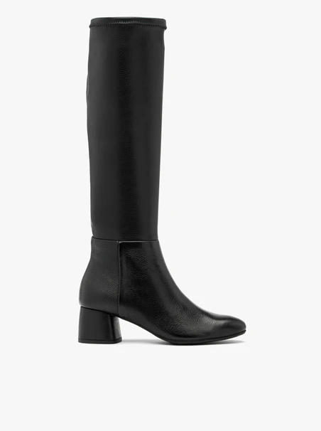 Black knee-high elastic boots with low heel