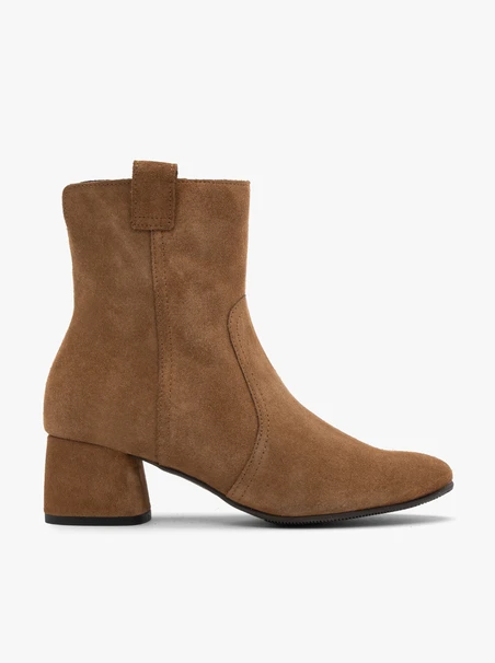 Rust suede ankle boots on a low heel