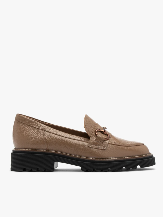 Coffee-colored women’s loafers with ornament