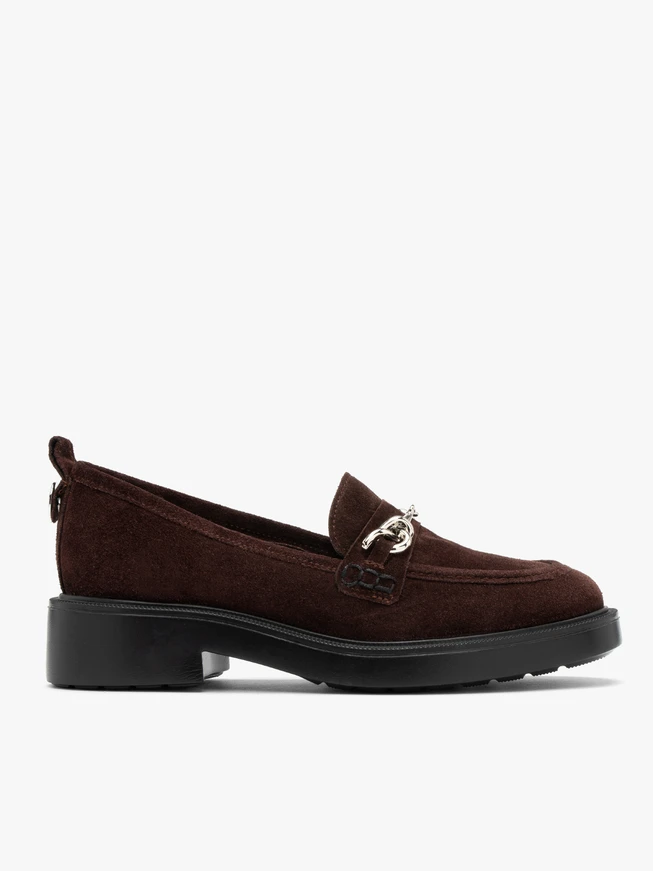 Burgundy suede loafers with silver ornament