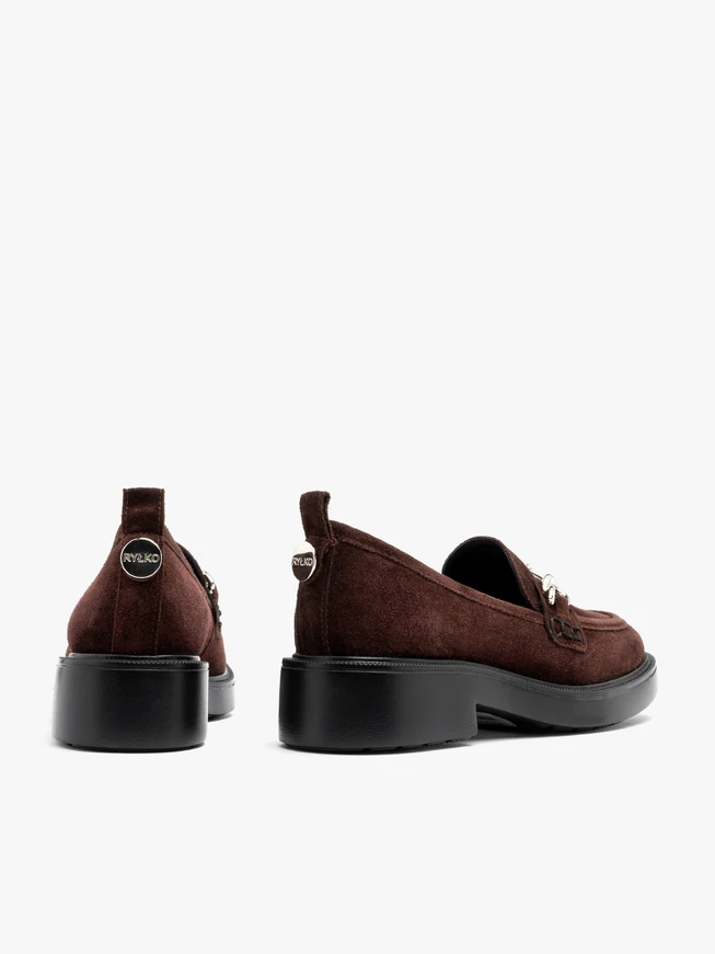 Burgundy suede loafers with silver ornament