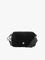 Schwarze Damentasche an einem breiten Riemen mit Logo