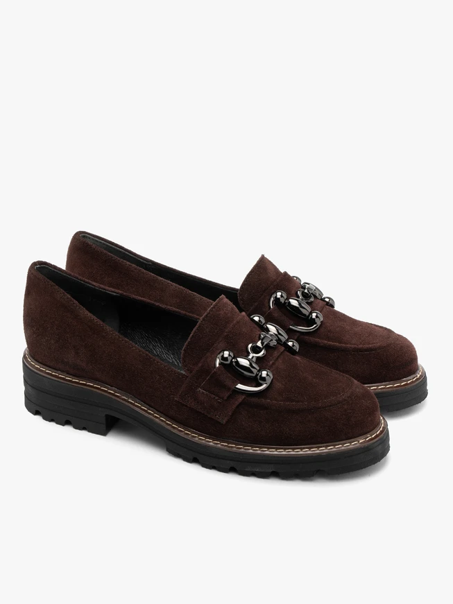 Burgundy loafers with ornament on upper
