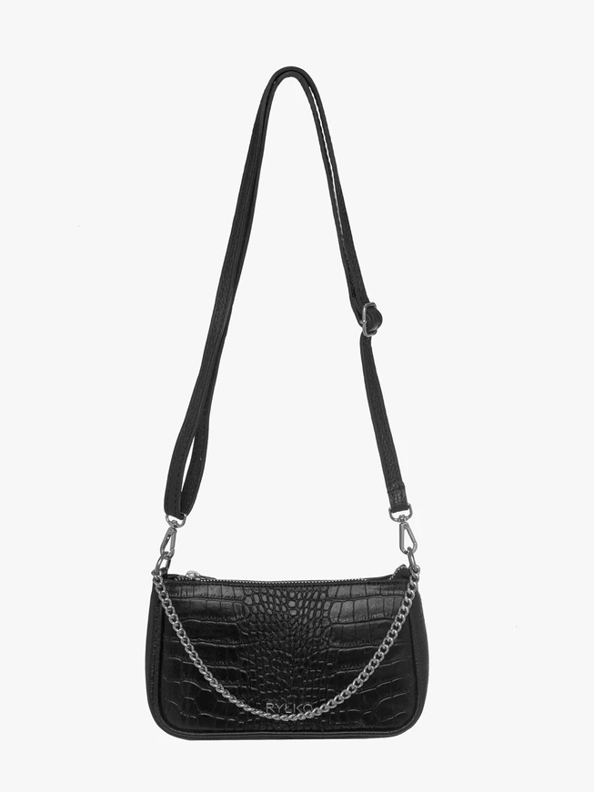 Schwarze Handtasche mit Tiermuster und Kette